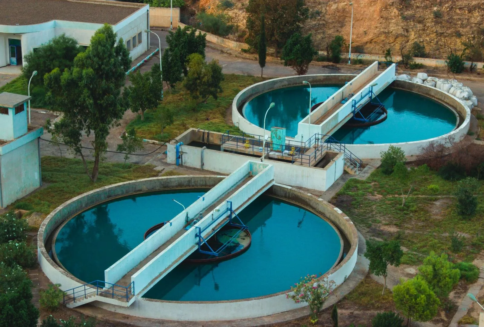Circular clarifier tanks at a wastewater treatment plant